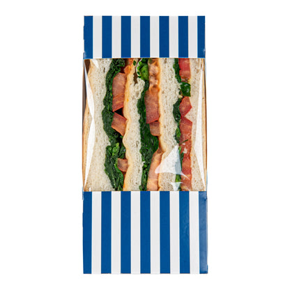 Cafe Vision Triangle Blue and White Stripe Paper Large Sandwich Box - 4 3/4" x 4 3/4" x 3 1/4" - 25 count box
