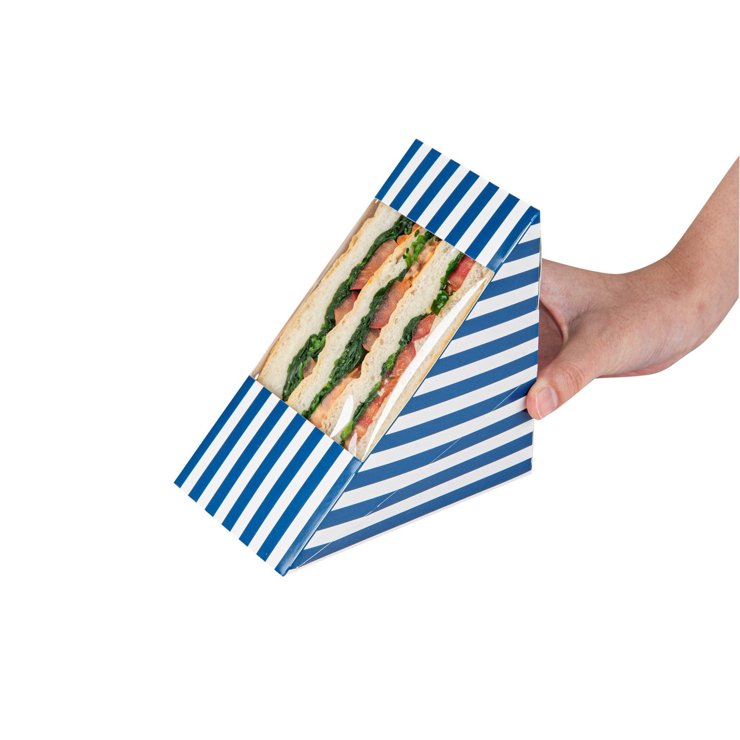 Cafe Vision Triangle Blue and White Stripe Paper Large Sandwich Box - 4 3/4" x 4 3/4" x 3 1/4" - 25 count box