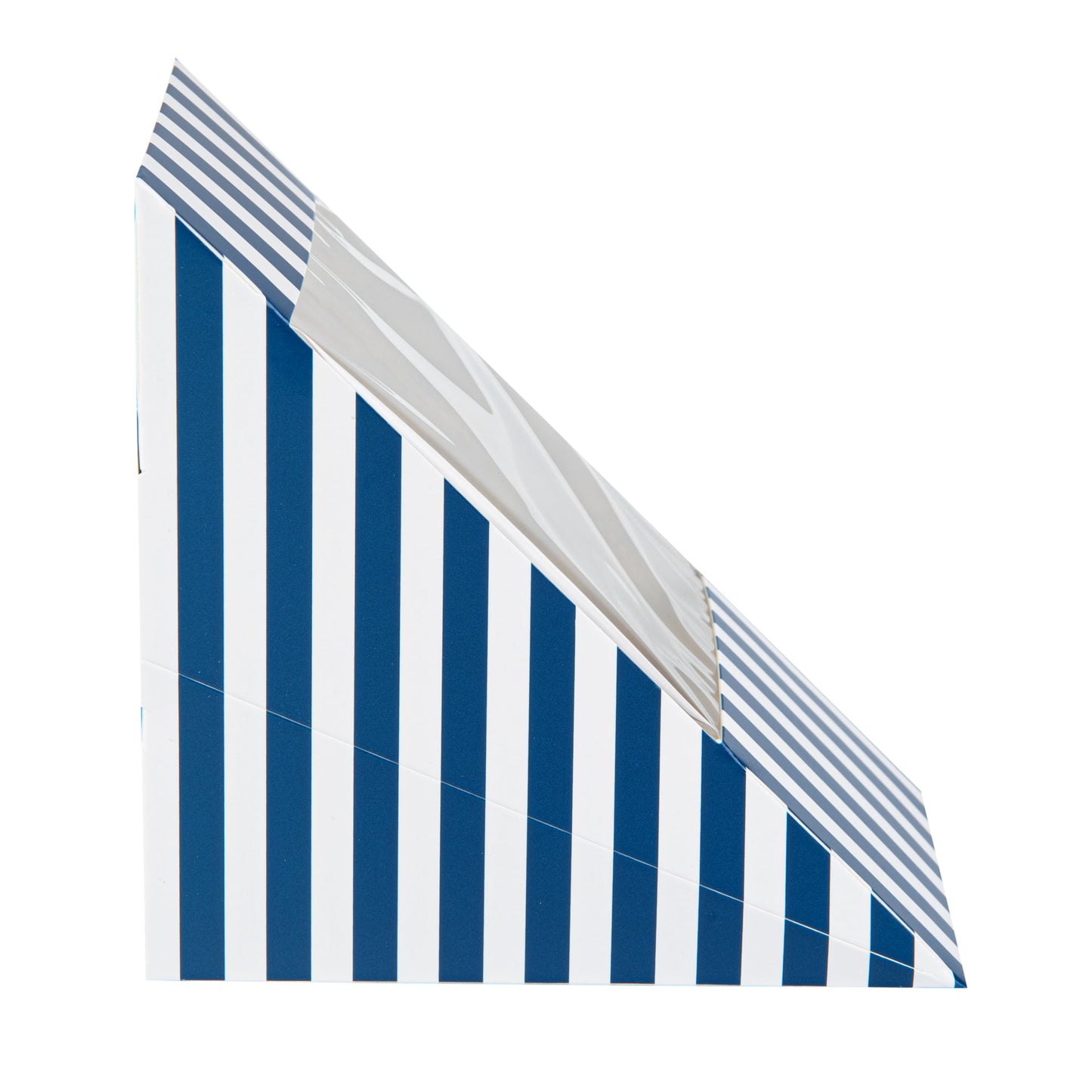 Cafe Vision Triangle Blue and White Stripe Paper Large Sandwich Box - 4 3/4" x 4 3/4" x 3 1/4" - 25 count box