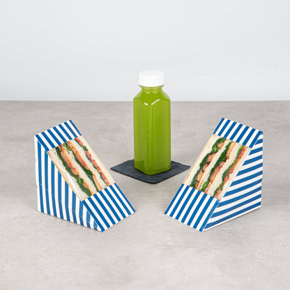 Cafe Vision Triangle Blue and White Stripe Paper Large Sandwich Box - 4 3/4" x 4 3/4" x 3 1/4" - 25 count box