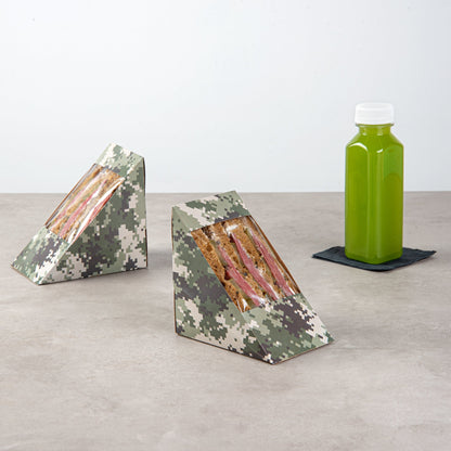 Cafe Vision Triangle Camouflage Paper Large Sandwich Box - 4 3/4" x 4 3/4" x 3 1/4" - 25 count box
