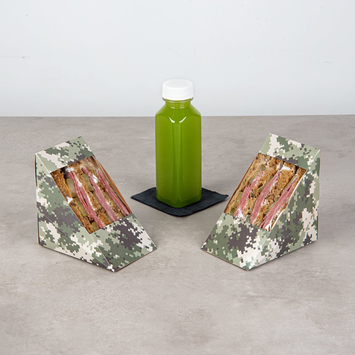 Cafe Vision Triangle Camouflage Paper Large Sandwich Box - 4 3/4" x 4 3/4" x 3 1/4" - 25 count box