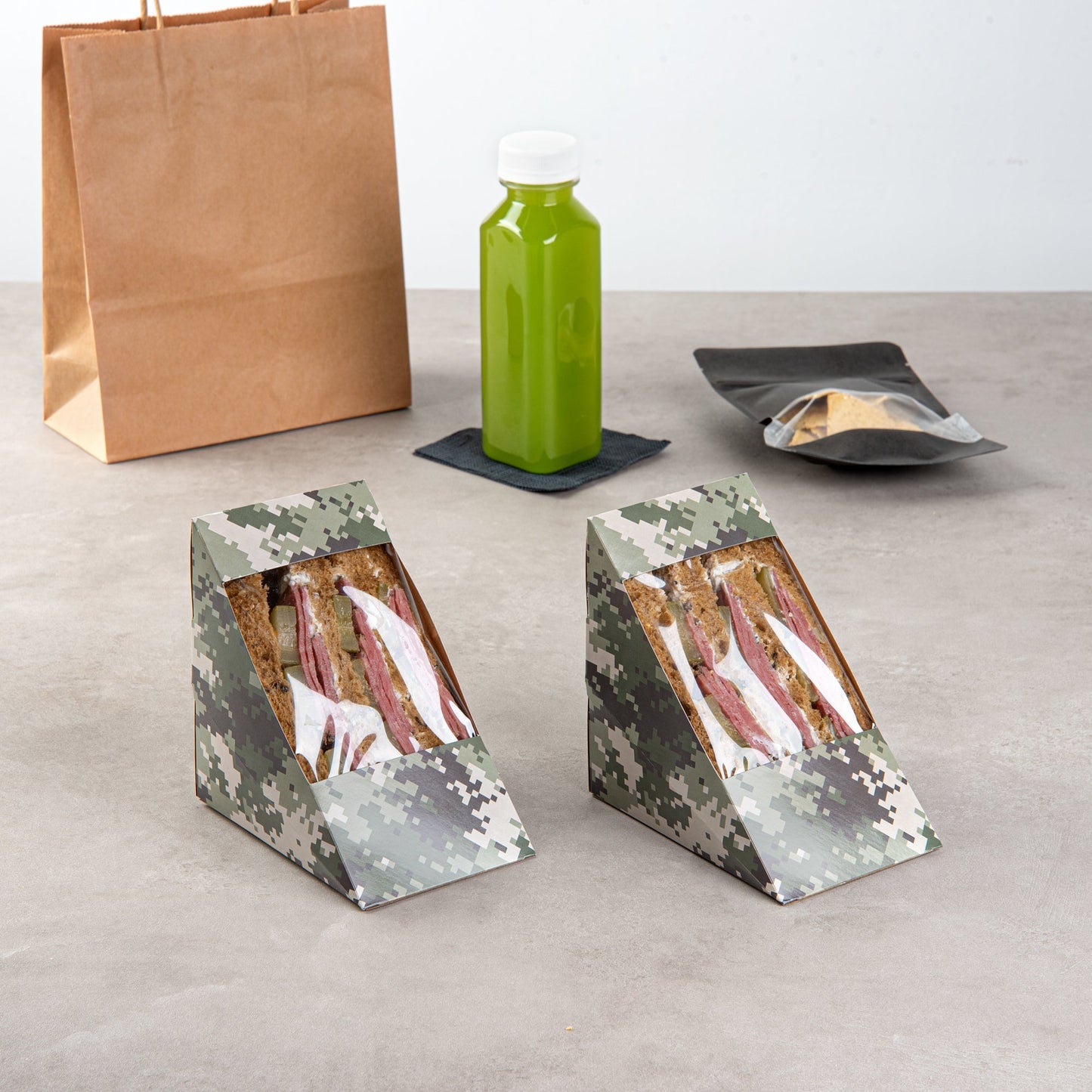 Cafe Vision Triangle Camouflage Paper Large Sandwich Box - 4 3/4" x 4 3/4" x 3 1/4" - 200 count box