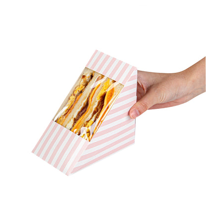 Cafe Vision Triangle Pink and White Stripe Paper Large Sandwich Box - 4 3/4" x 4 3/4" x 3 1/4" - 25 count box