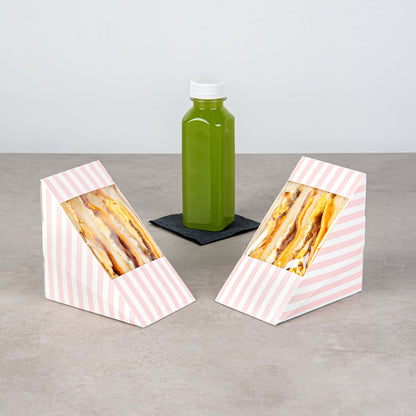 Cafe Vision Triangle Pink and White Stripe Paper Large Sandwich Box - 4 3/4" x 4 3/4" x 3 1/4" - 25 count box