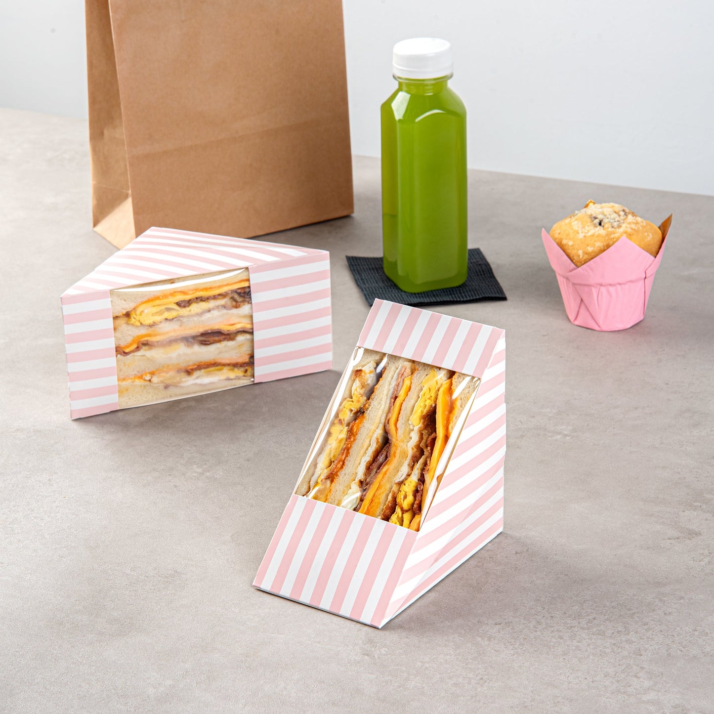 Cafe Vision Triangle Pink and White Stripe Paper Large Sandwich Box - 4 3/4" x 4 3/4" x 3 1/4" - 25 count box