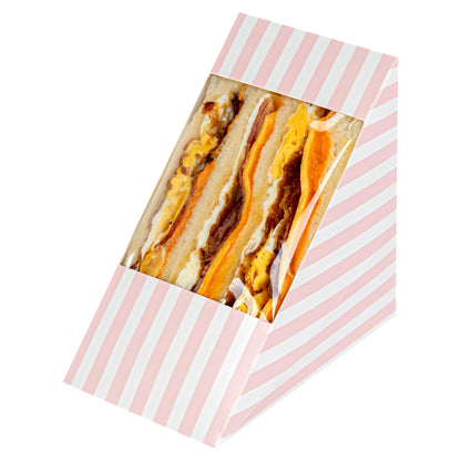 Cafe Vision Triangle Pink and White Stripe Paper Large Sandwich Box - 4 3/4" x 4 3/4" x 3 1/4" - 200 count box