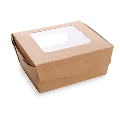 Cafe Vision 41 oz Rectangle Kraft Paper Large Bio Take Out Container - Two Windows - 5 1/4" x 6" x 2 1/2" - 200 count box