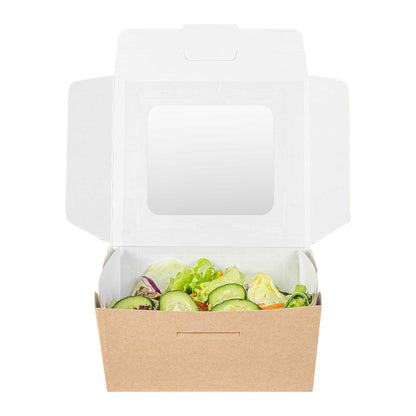 Cafe Vision 41 oz Rectangle Kraft Paper Large Bio Take Out Container - Two Windows - 5 1/4" x 6" x 2 1/2" - 50 count box