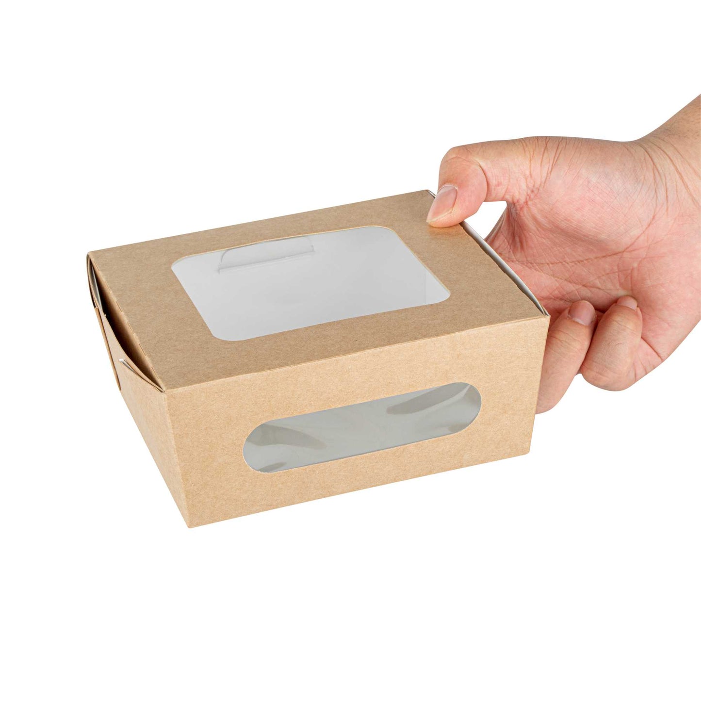 Cafe Vision 41 oz Rectangle Kraft Paper Large Bio Take Out Container - Two Windows - 5 1/4" x 6" x 2 1/2" - 50 count box