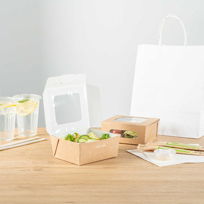 Cafe Vision 41 oz Rectangle Kraft Paper Large Bio Take Out Container - Two Windows - 5 1/4" x 6" x 2 1/2" - 50 count box