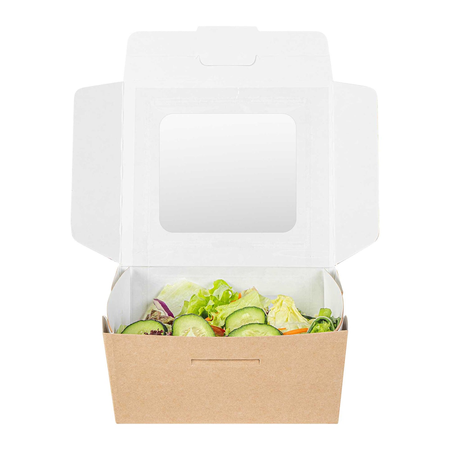 Cafe Vision 41 oz Rectangle Kraft Paper Large Bio Take Out Container - Two Windows - 5 1/4" x 6" x 2 1/2" - 200 count box