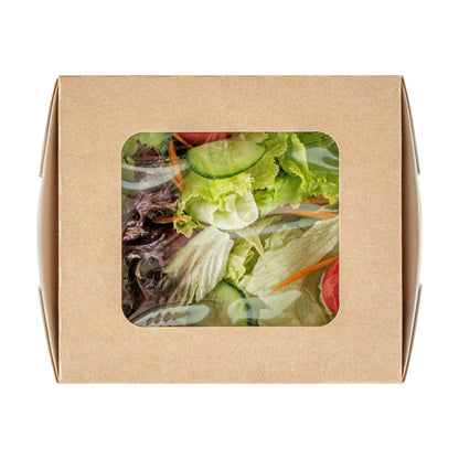 Cafe Vision 41 oz Rectangle Kraft Paper Large Bio Take Out Container - Two Windows - 5 1/4" x 6" x 2 1/2" - 200 count box