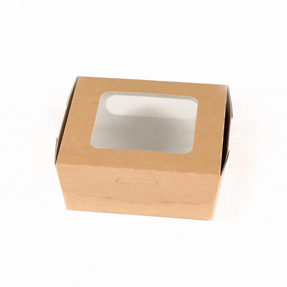 Cafe Vision 41 oz Rectangle Kraft Paper Large Bio Take Out Container - Two Windows - 5 1/4" x 6" x 2 1/2" - 200 count box