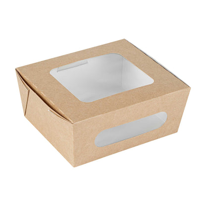 Cafe Vision 41 oz Rectangle Kraft Paper Large Bio Take Out Container - Two Windows - 5 1/4" x 6" x 2 1/2" - 200 count box