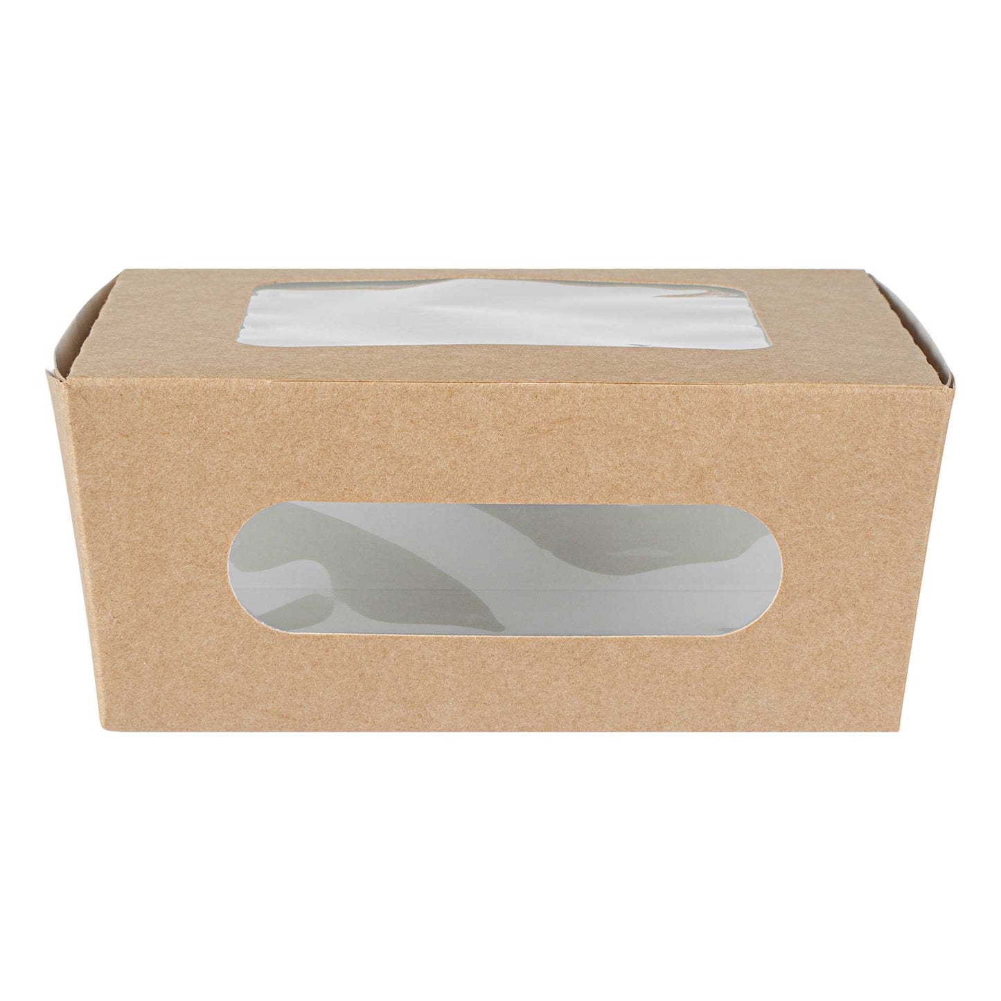 Cafe Vision 41 oz Rectangle Kraft Paper Large Bio Take Out Container - Two Windows - 5 1/4" x 6" x 2 1/2" - 200 count box