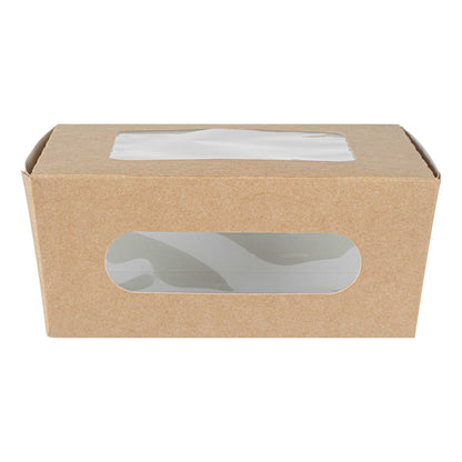 Cafe Vision 41 oz Rectangle Kraft Paper Large Bio Take Out Container - Two Windows - 5 1/4" x 6" x 2 1/2" - 200 count box