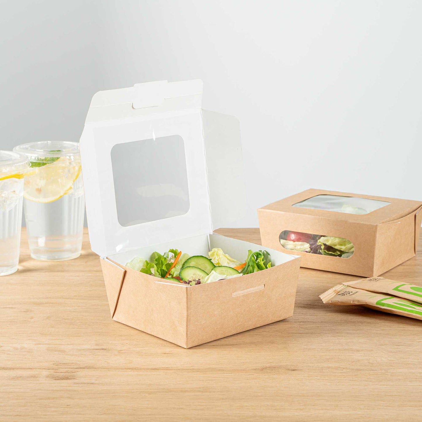 Cafe Vision 41 oz Rectangle Kraft Paper Large Bio Take Out Container - Two Windows - 5 1/4" x 6" x 2 1/2" - 200 count box