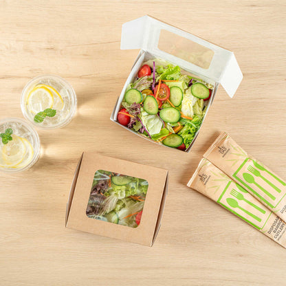 Cafe Vision 41 oz Rectangle Kraft Paper Large Bio Take Out Container - Two Windows - 5 1/4" x 6" x 2 1/2" - 200 count box