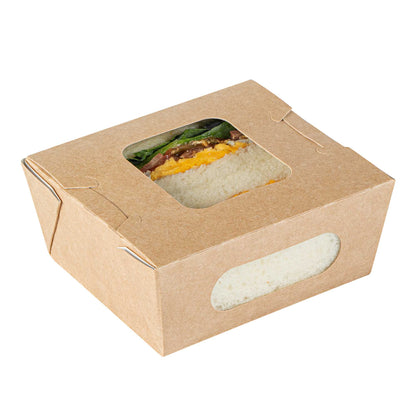 Cafe Vision 12 oz Rectangle Kraft Paper Mini Bio Take Out Container - Two Windows - 4 1/4" x 3 3/4" x 1 3/4" - 50 count box