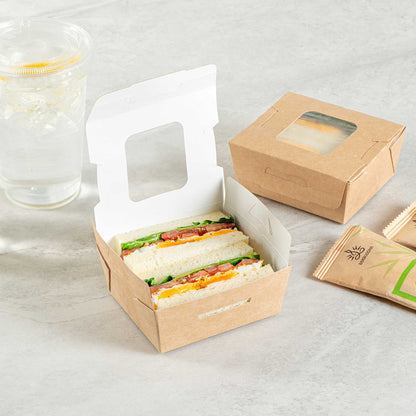 Cafe Vision 12 oz Rectangle Kraft Paper Mini Bio Take Out Container - Two Windows - 4 1/4" x 3 3/4" x 1 3/4" - 50 count box