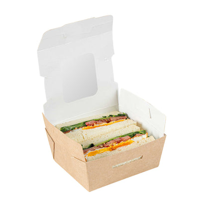Cafe Vision 12 oz Rectangle Kraft Paper Mini Bio Take Out Container - Two Windows - 4 1/4" x 3 3/4" x 1 3/4" - 50 count box