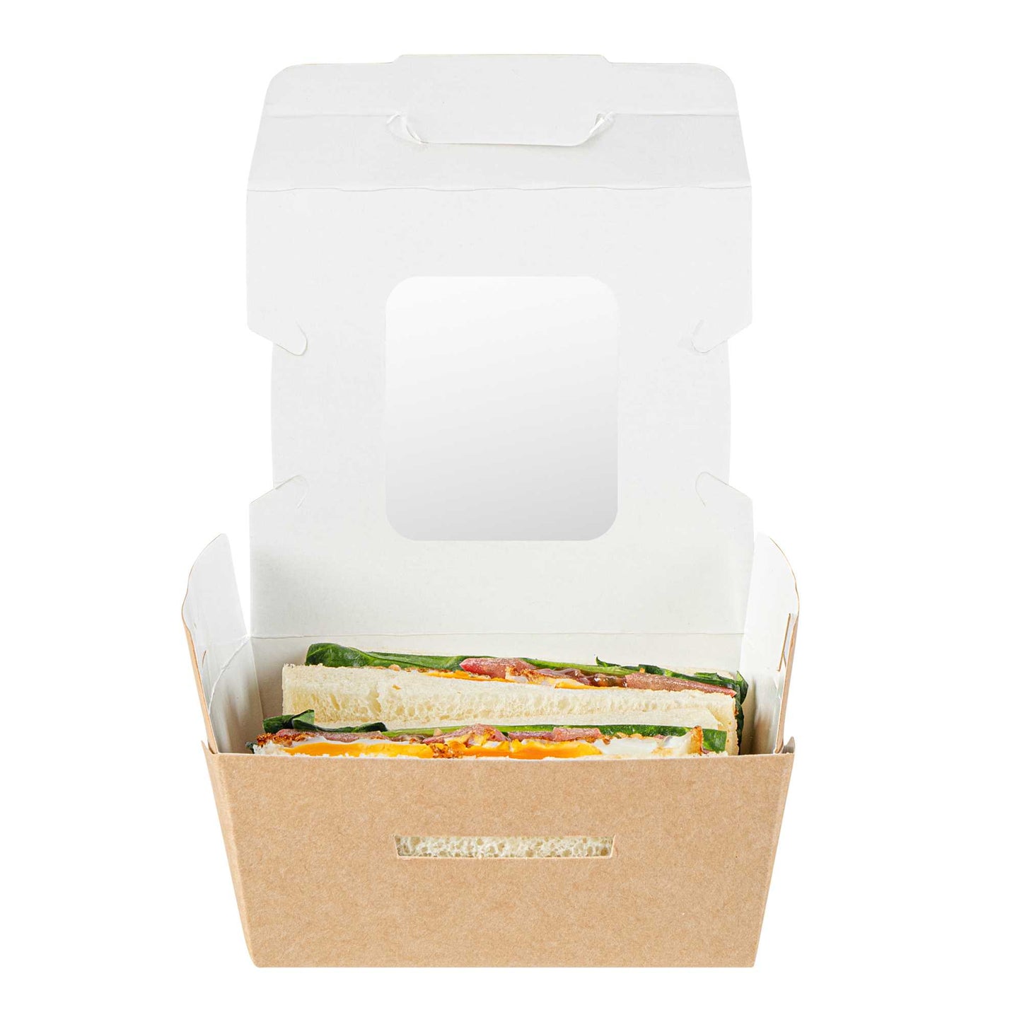 Cafe Vision 12 oz Rectangle Kraft Paper Mini Bio Take Out Container - Two Windows - 4 1/4" x 3 3/4" x 1 3/4" - 50 count box