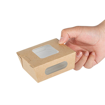 Cafe Vision 12 oz Rectangle Kraft Paper Mini Bio Take Out Container - Two Windows - 4 1/4" x 3 3/4" x 1 3/4" - 50 count box