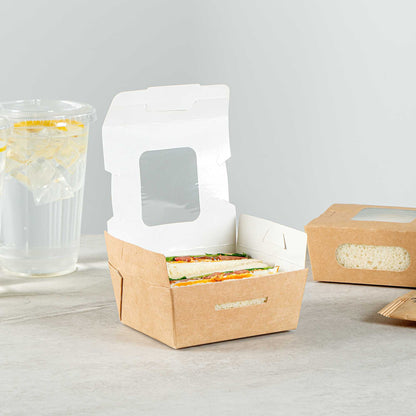 Cafe Vision 12 oz Rectangle Kraft Paper Mini Bio Take Out Container - Two Windows - 4 1/4" x 3 3/4" x 1 3/4" - 50 count box