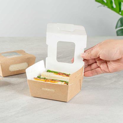 Cafe Vision 12 oz Rectangle Kraft Paper Mini Bio Take Out Container - Two Windows - 4 1/4" x 3 3/4" x 1 3/4" - 50 count box