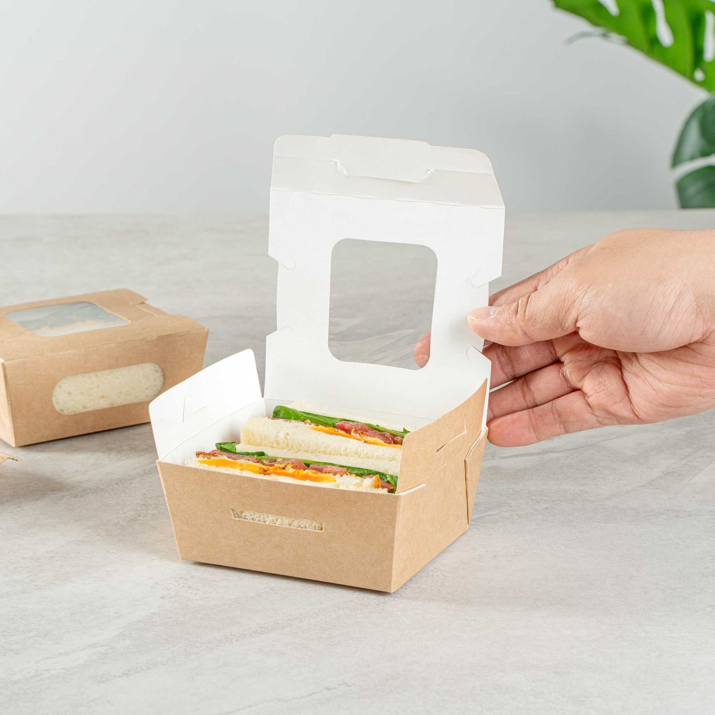 Cafe Vision 12 oz Rectangle Kraft Paper Mini Bio Take Out Container - Two Windows - 4 1/4" x 3 3/4" x 1 3/4" - 200 count box