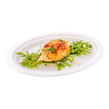 Pulp Tek Oval White Sugarcane / Bagasse Medium Plate - 10 1/2" x 7 3/4" x 3/4" - 100 count box