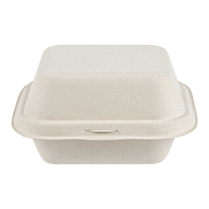 Pulp Tek 15 oz Square White Sugarcane / Bagasse Clamshell Container - 6" x 6" x 3" - 100 count box