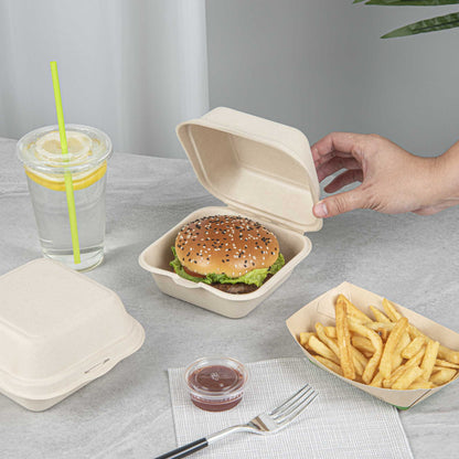 Pulp Tek 15 oz Square White Sugarcane / Bagasse Clamshell Container - 6" x 6" x 3" - 100 count box