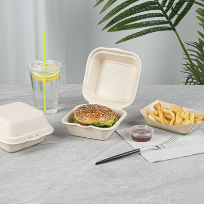 Pulp Tek 15 oz Square White Sugarcane / Bagasse Clamshell Container - 6" x 6" x 3" - 100 count box