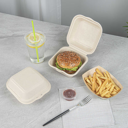 Pulp Tek 15 oz Square White Sugarcane / Bagasse Clamshell Container - 6" x 6" x 3" - 100 count box