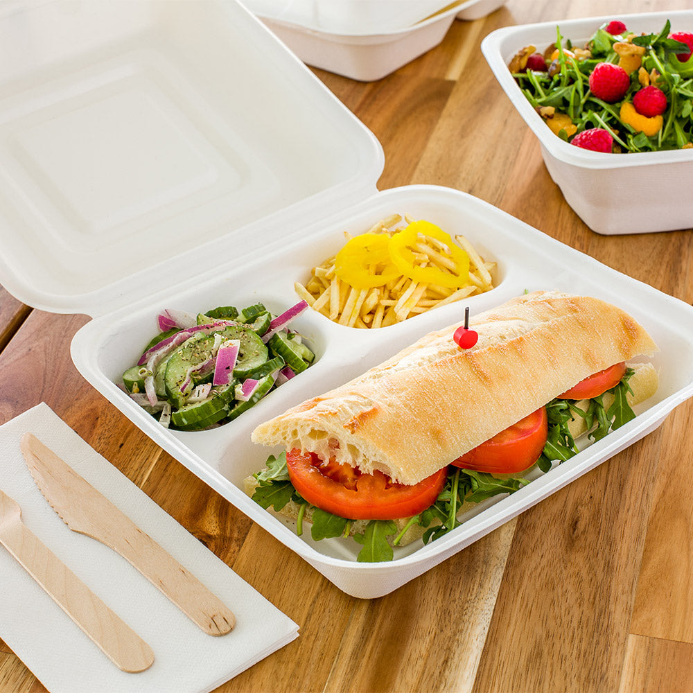 Pulp Tek Square White Sugarcane / Bagasse Extra Large Clamshell Container - 3-Compartment - 9 3/4" x 9 1/2" x 3 1/4" - 100 count box