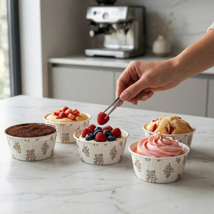 Panificio 5 oz Round Vintage Floral Paper Large Baking Cup - Pleated - 3 3/4" x 3 3/4" x 1 1/2" - 200 count box