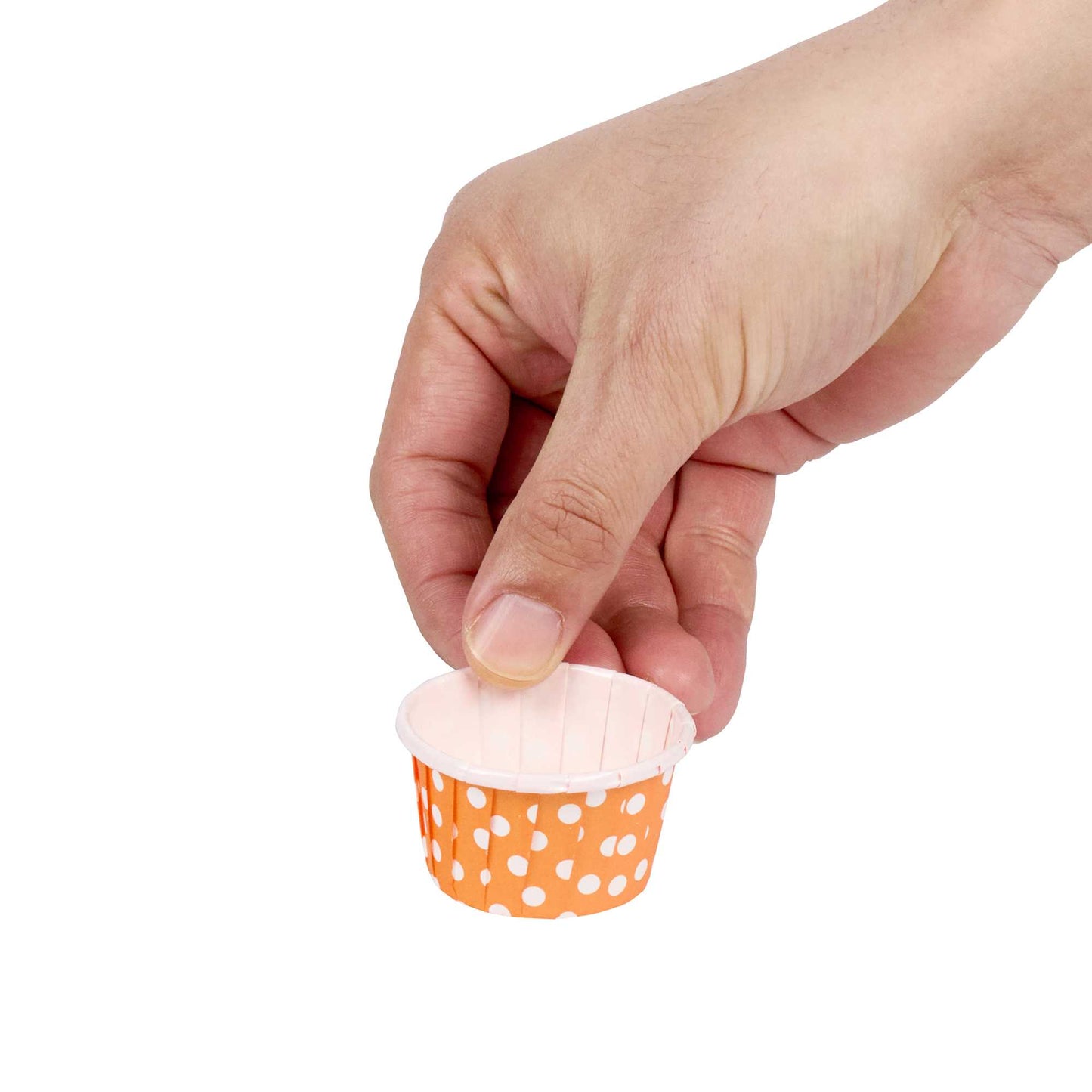 Panificio 1 oz Round Polka-Dotted Hot Orange Paper Small Baking Cup - Pleated - 2" x 2" x 1 1/4" - 200 count box