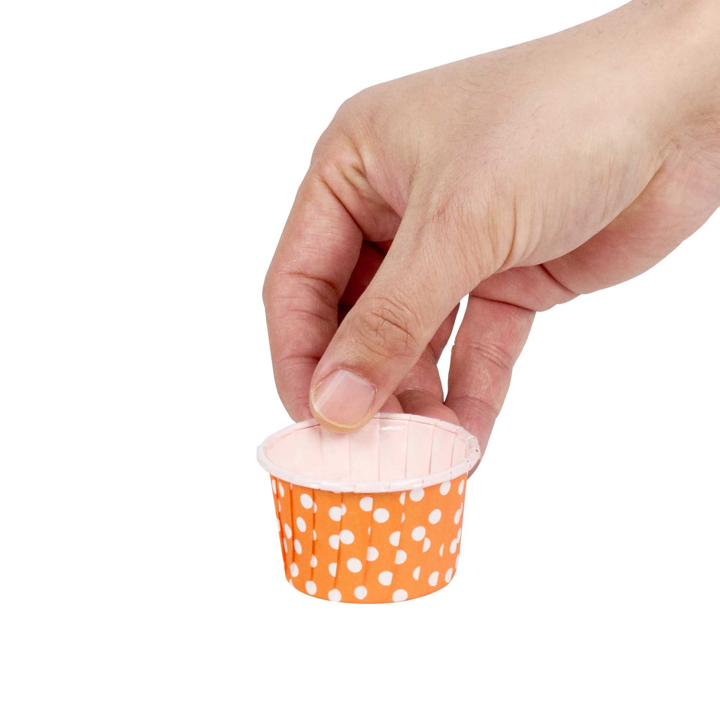 Panificio 2 oz Round Polka-Dotted Hot Orange Paper Medium Baking Cup - Pleated - 2 1/4" x 2 1/4" x 1 1/2" - 200 count box