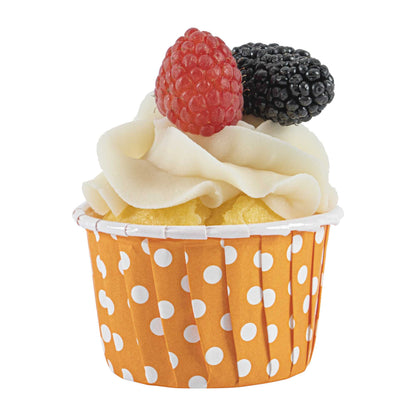 Panificio 2 oz Round Polka-Dotted Hot Orange Paper Medium Baking Cup - Pleated - 2 1/4" x 2 1/4" x 1 1/2" - 200 count box