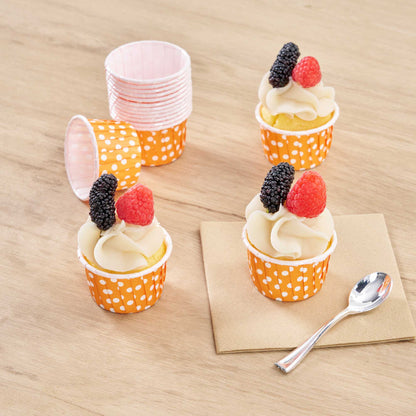 Panificio 2 oz Round Polka-Dotted Hot Orange Paper Medium Baking Cup - Pleated - 2 1/4" x 2 1/4" x 1 1/2" - 200 count box