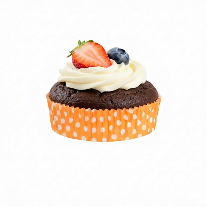 Panificio 4 oz Round Polka-Dotted Hot Orange Paper Baking Cup - Ridged - 3 1/2" x 3 1/2" x 1" - 200 count box