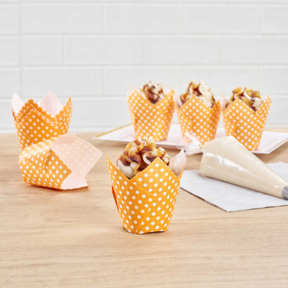 Panificio 2 oz Tulip Polka-Dotted Hot Orange Paper Tall Baking Cup - 3 1/4" x 3 1/4" x 3 1/2" - 200 count box