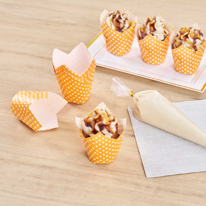 Panificio 2 oz Tulip Polka-Dotted Hot Orange Paper Tall Baking Cup - 3 1/4" x 3 1/4" x 3 1/2" - 200 count box