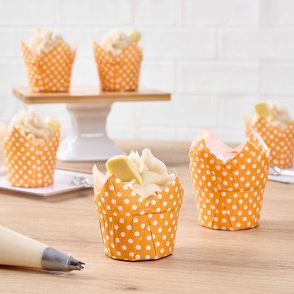 Panificio 1 oz Tulip Polka-Dotted Hot Orange Paper Regular Baking Cup - 3" x 3" x 3" - 200 count box
