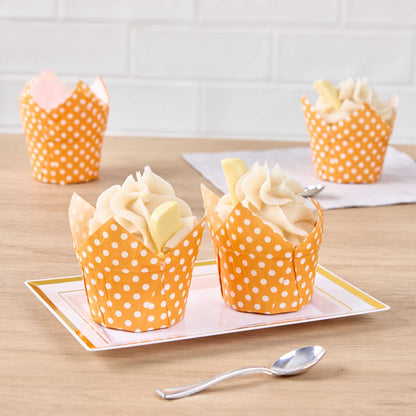 Panificio 1 oz Tulip Polka-Dotted Hot Orange Paper Regular Baking Cup - 3" x 3" x 3" - 200 count box