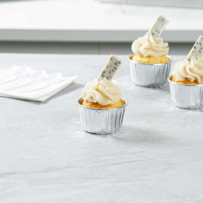 Panificio 3 oz Round Metallic Silver Paper Small Baking Cup - Pleated - 2 1/2" x 2 1/2" x 1 1/2" - 200 count box