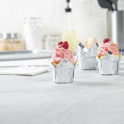 Panificio 4 oz Tulip Metallic Silver Paper Regular Baking Cup - 2 1/4" x 2 1/4" x 1 1/2" - 200 count box