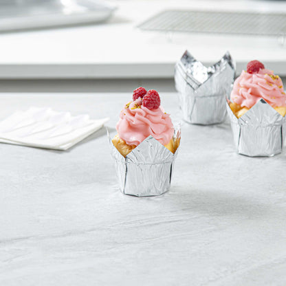 Panificio 4 oz Tulip Metallic Silver Paper Regular Baking Cup - 2 1/4" x 2 1/4" x 1 1/2" - 200 count box